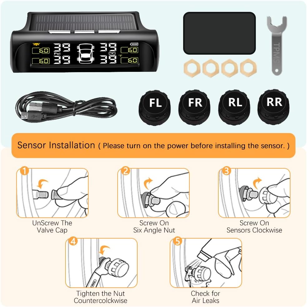 Solar Power Car Tire Pressure Monitoring Tool, TPMS with 4 External sensors & 5 Alarm Modes, LCD Real-time Display, Auto Sleep Mode, Easy to Install