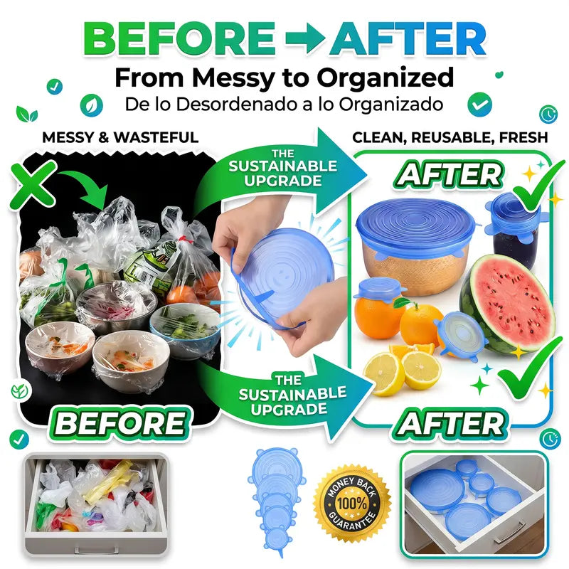 Universal Reusable Silicone Stretch Lids, 6-Pack Airtight Food Covers for Bowls, Cups, Jars & Containers