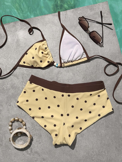 PEPPERMOLLY Women's 2-Piece Retro Yellow Polka Dot Bikini Set – Y2K Color Block Beachwear & Vacation Outfit