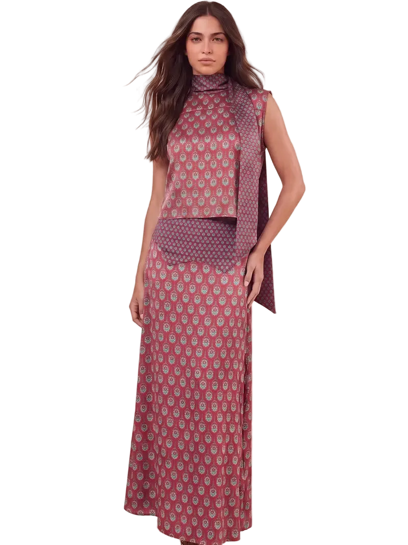 Elegant Retro Print Satin Two-Piece Set – Sleeveless Scarf Neck Halter Top & Flowing Maxi Skirt