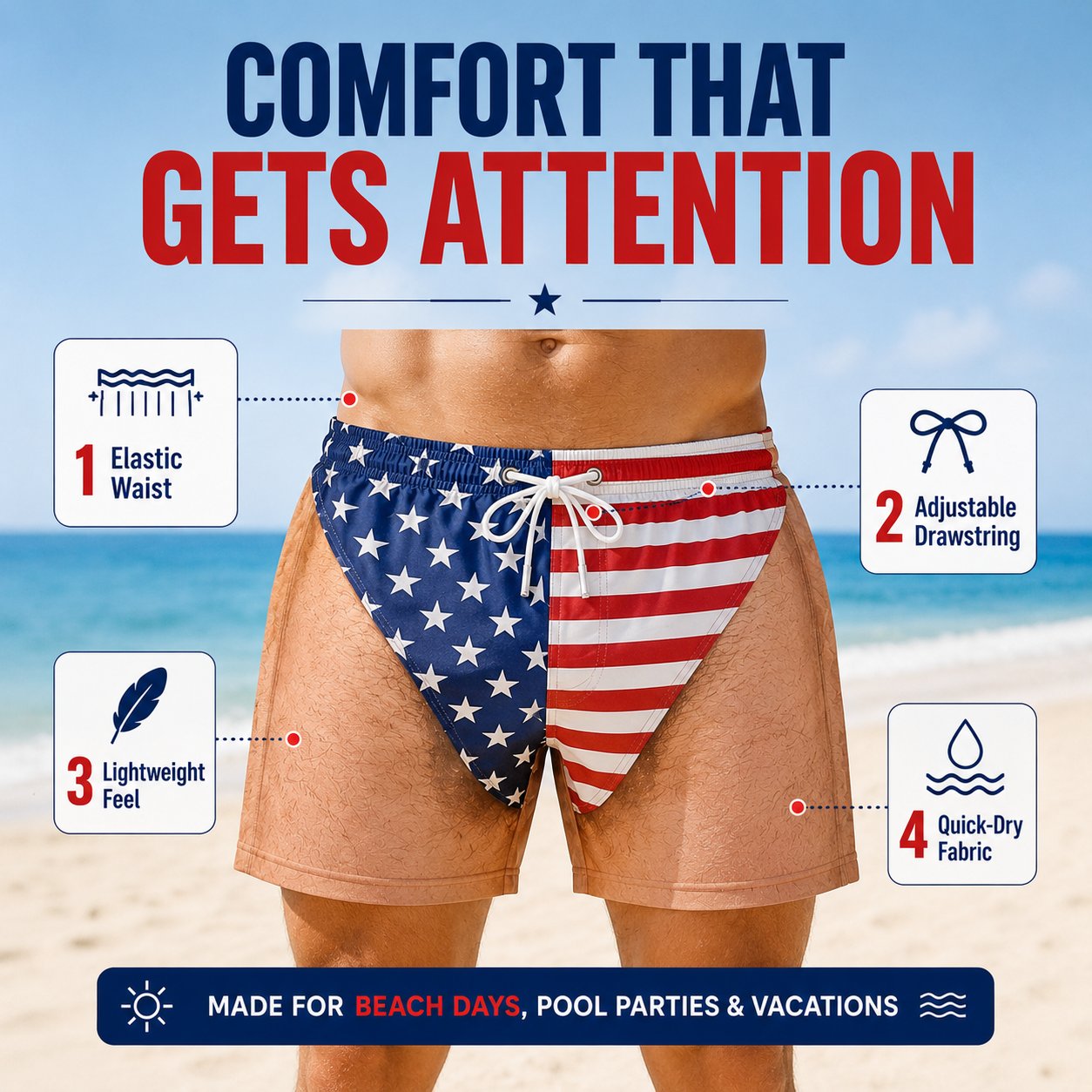 🏖️🇺🇸 Funny Patriotic Men's Swim Trunks – Freedom & Chill Summer Beach Shorts