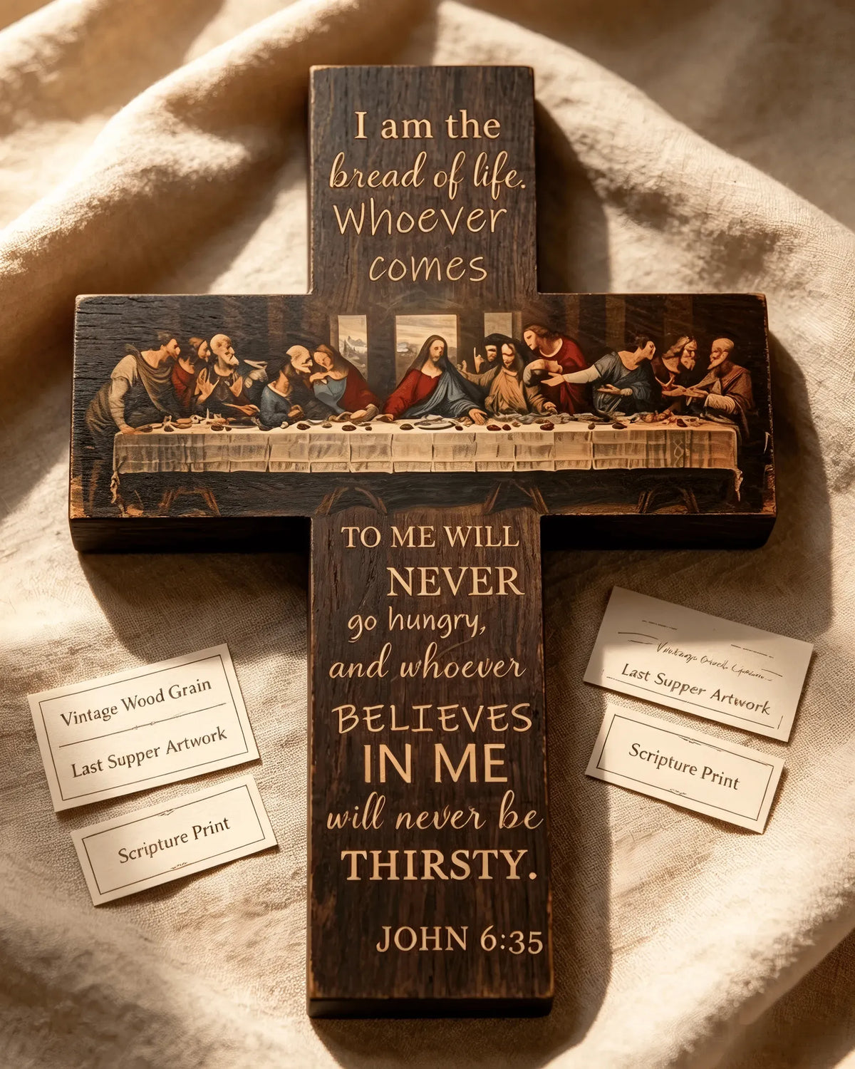 ✝️ The Last Supper Vintage Wooden Cross | John 6:35 Scripture Wall Décor 🪵