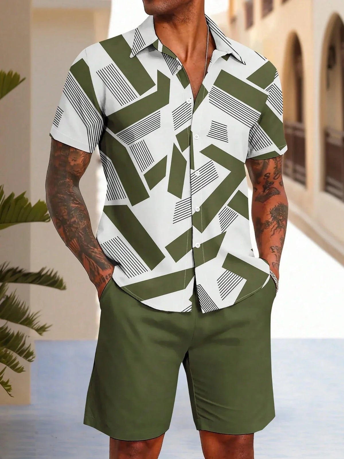 🌴 Men's Geometric Print Shirt & Shorts Set