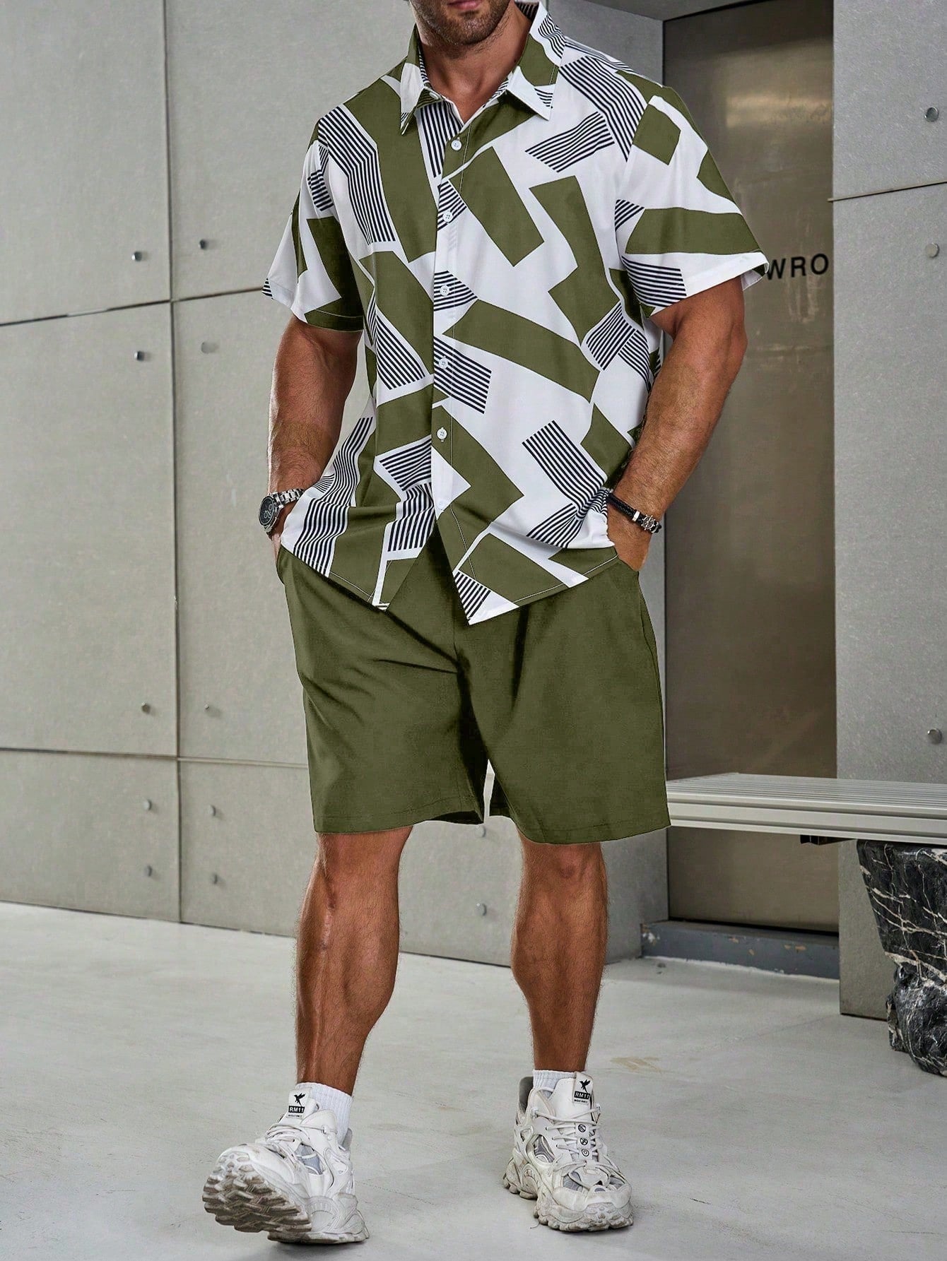 🌴 Men's Geometric Print Shirt & Shorts Set