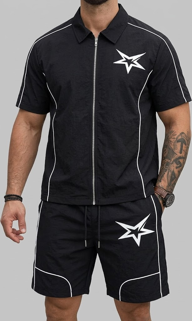 Men's 2 Pieces Outfits Casual Stars Pattern Shirt and Shorts Set Quarter-Zip Athletic