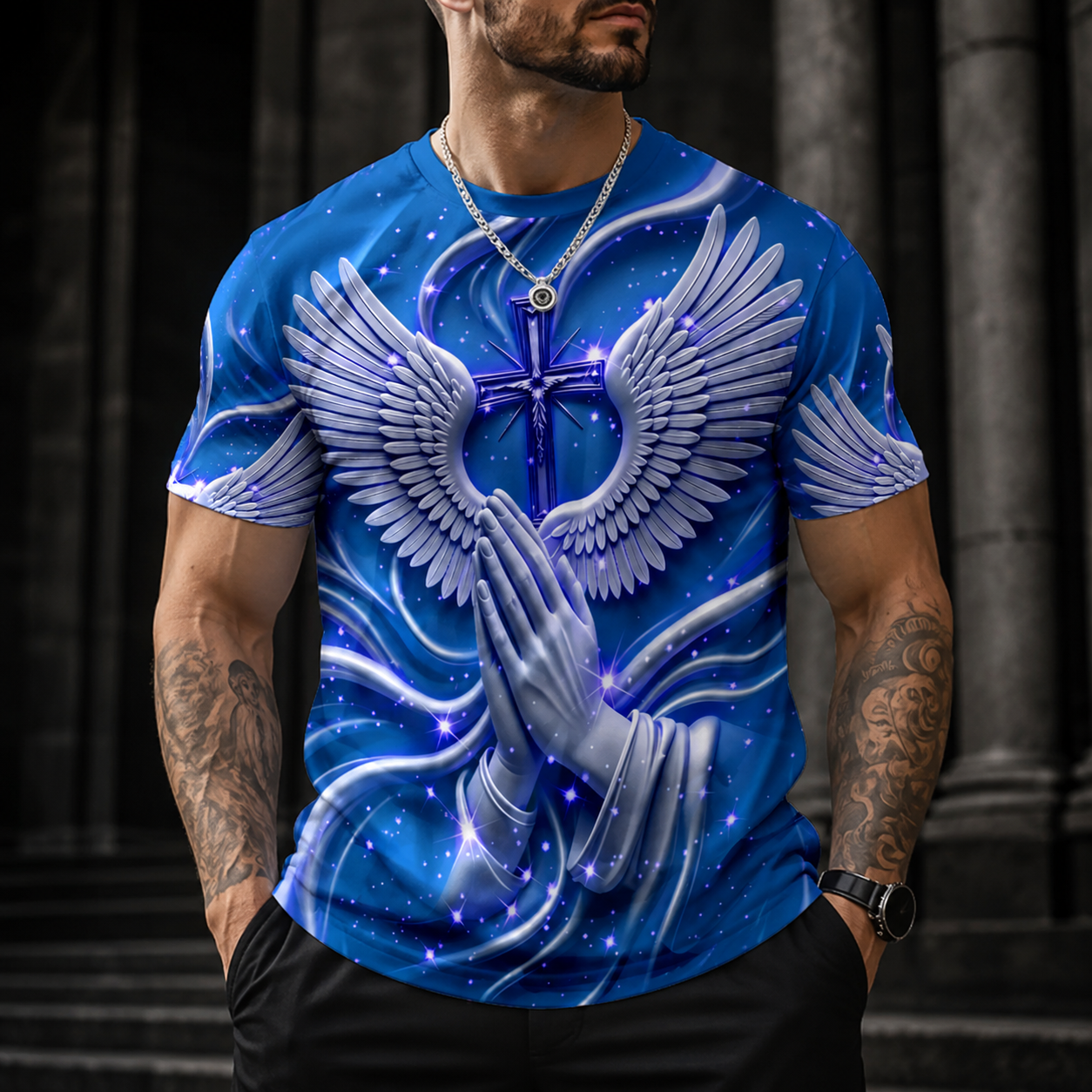 Men's 3D Religious Cross & Angel Wings T-Shirt