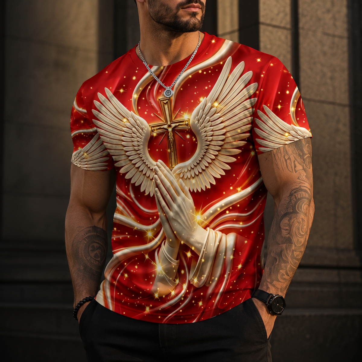 Men's 3D Religious Cross & Angel Wings T-Shirt
