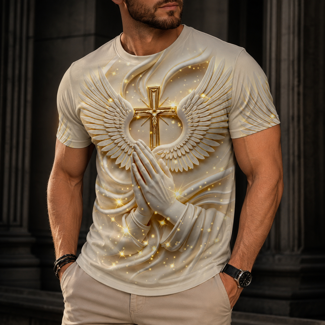 Men's 3D Religious Cross & Angel Wings T-Shirt