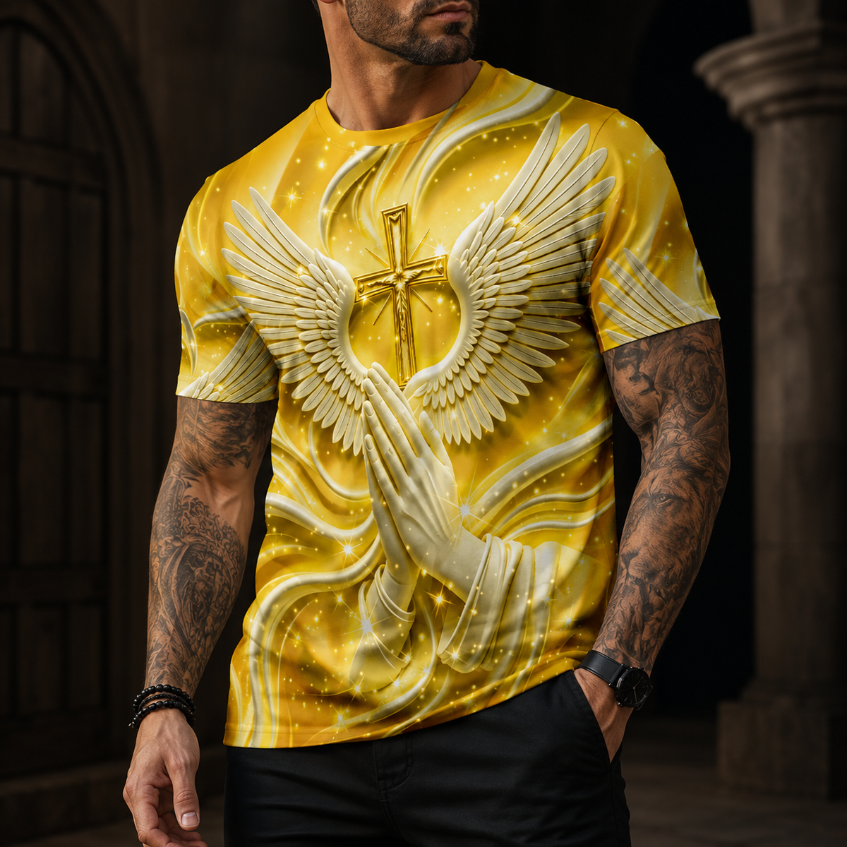 Men's 3D Religious Cross & Angel Wings T-Shirt