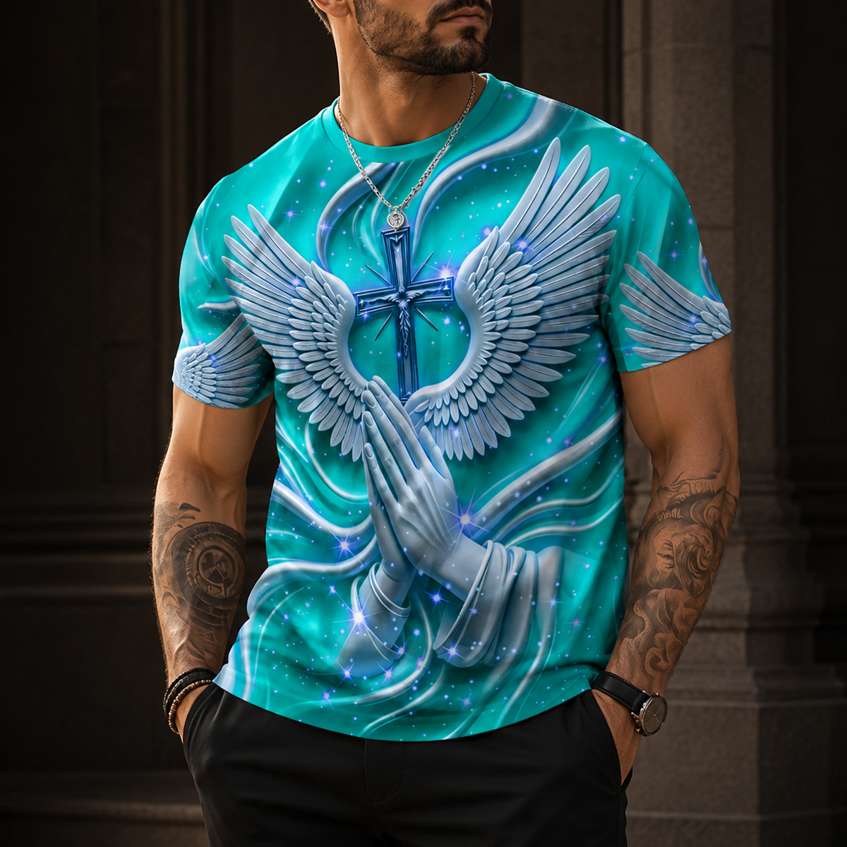 Men's 3D Religious Cross & Angel Wings T-Shirt
