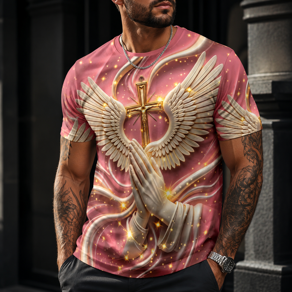 Men's 3D Religious Cross & Angel Wings T-Shirt
