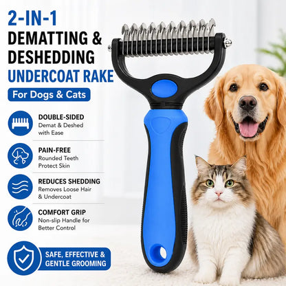 Pet Dematting Undercoat Rake – Double-Sided Grooming Comb for Dogs & Cats