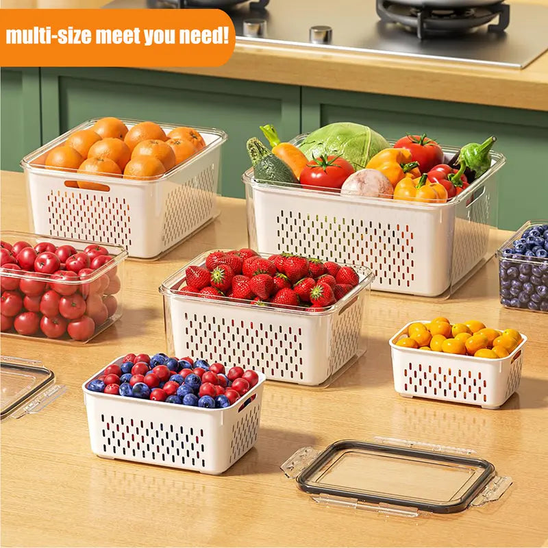 🥗 3PCS Stackable Fridge Produce Saver Containers with Removable Colander – Airtight Food Storage Boxes for Fruits, Vegetables & Meal Prep
