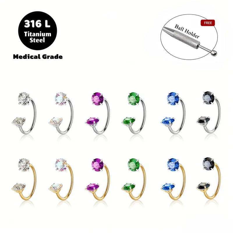 ✨ 6PCS 316L Medical-Grade Titanium Steel Horseshoe Nose Hoop Set – Internally Threaded Gem Nose Rings with Free Ball Holder & Guiding Needle