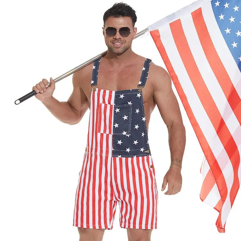 4th of July American Flag Overalls – Patriotic Stretch Denim Romper for Men & Women