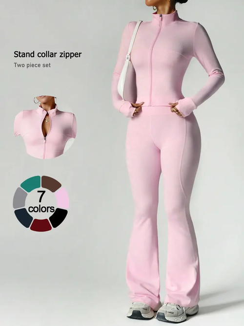 Women's 2-Piece Zip-Up Lounge Set | Long Sleeve Stand Collar Jacket + Flare Pants | Casual Outfit for Travel, Vacation & Everyday Wear