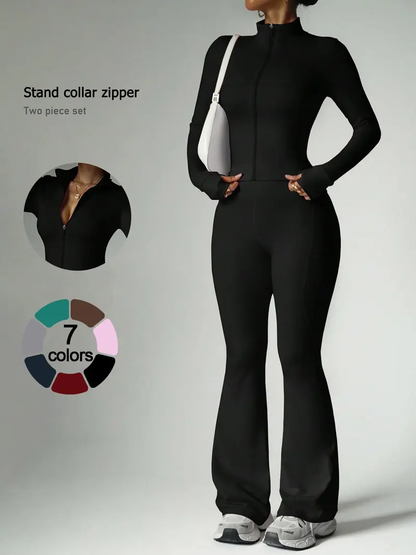 Women's 2-Piece Zip-Up Lounge Set | Long Sleeve Stand Collar Jacket + Flare Pants | Casual Outfit for Travel, Vacation & Everyday Wear