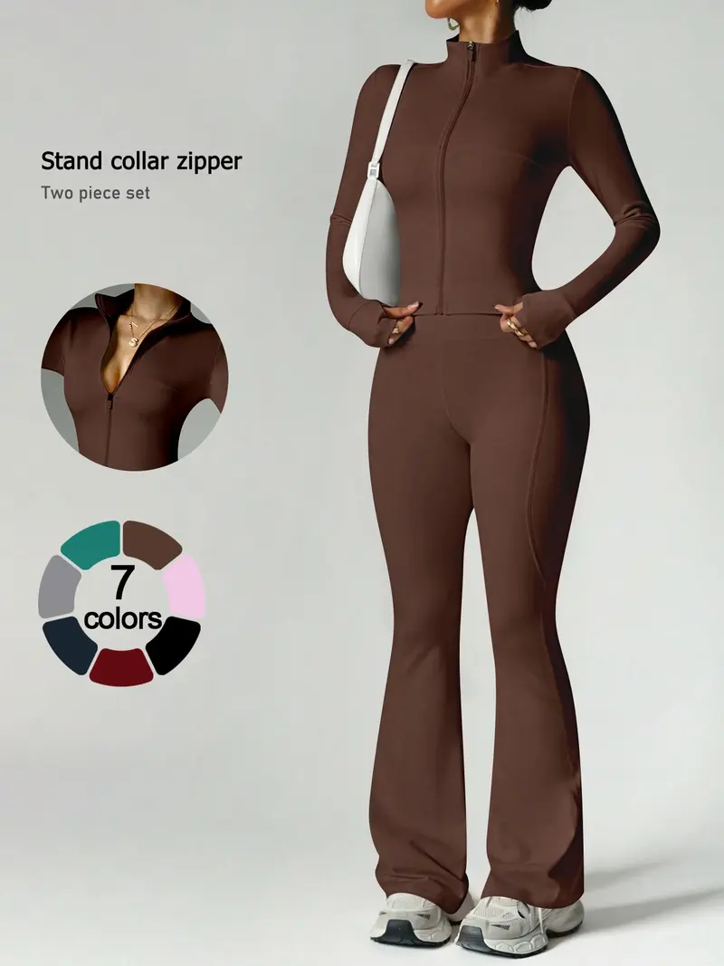 Women's 2-Piece Zip-Up Lounge Set | Long Sleeve Stand Collar Jacket + Flare Pants | Casual Outfit for Travel, Vacation & Everyday Wear