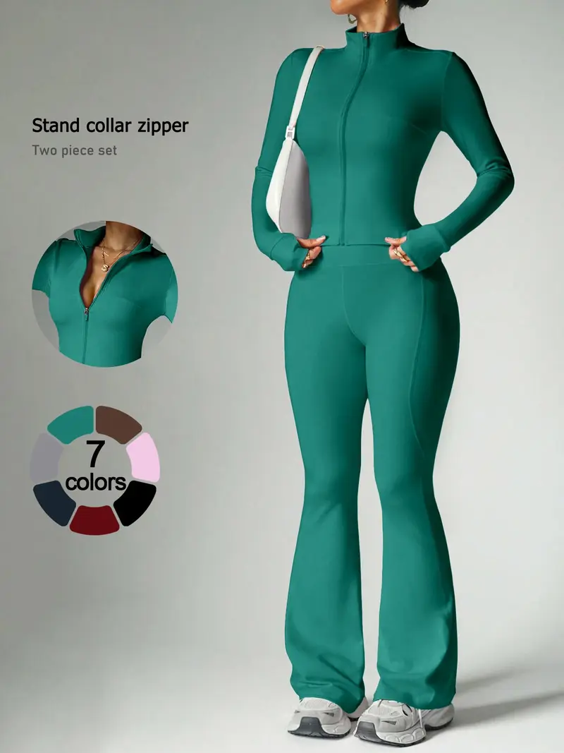 Women's 2-Piece Zip-Up Lounge Set | Long Sleeve Stand Collar Jacket + Flare Pants | Casual Outfit for Travel, Vacation & Everyday Wear