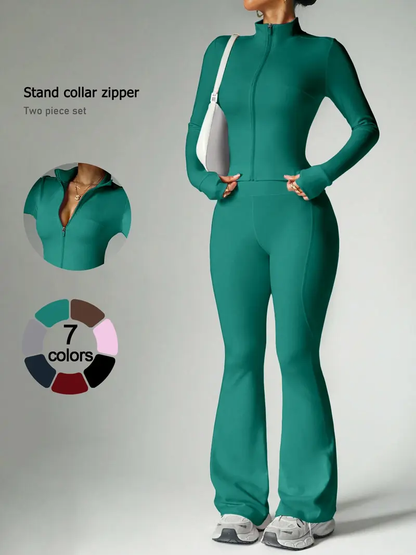 Women's 2-Piece Zip-Up Lounge Set | Long Sleeve Stand Collar Jacket + Flare Pants | Casual Outfit for Travel, Vacation & Everyday Wear