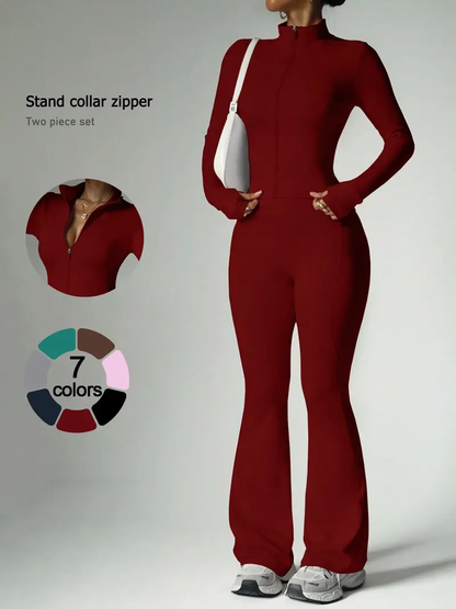 Women's 2-Piece Zip-Up Lounge Set | Long Sleeve Stand Collar Jacket + Flare Pants | Casual Outfit for Travel, Vacation & Everyday Wear