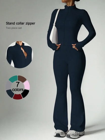 Women's 2-Piece Zip-Up Lounge Set | Long Sleeve Stand Collar Jacket + Flare Pants | Casual Outfit for Travel, Vacation & Everyday Wear