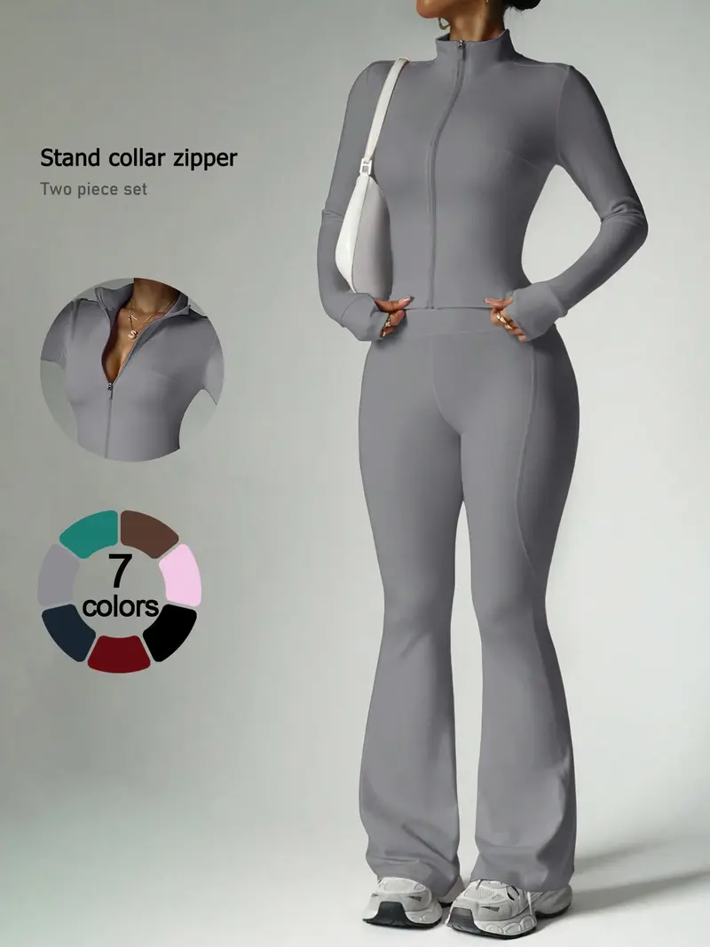 Women's 2-Piece Zip-Up Lounge Set | Long Sleeve Stand Collar Jacket + Flare Pants | Casual Outfit for Travel, Vacation & Everyday Wear