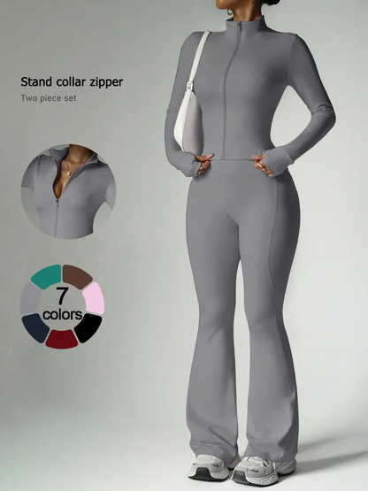 Women's 2-Piece Zip-Up Lounge Set | Long Sleeve Stand Collar Jacket + Flare Pants | Casual Outfit for Travel, Vacation & Everyday Wear