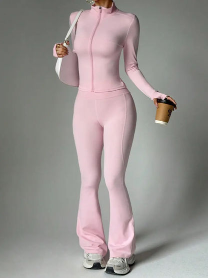 Women's 2-Piece Zip-Up Lounge Set | Long Sleeve Stand Collar Jacket + Flare Pants | Casual Outfit for Travel, Vacation & Everyday Wear