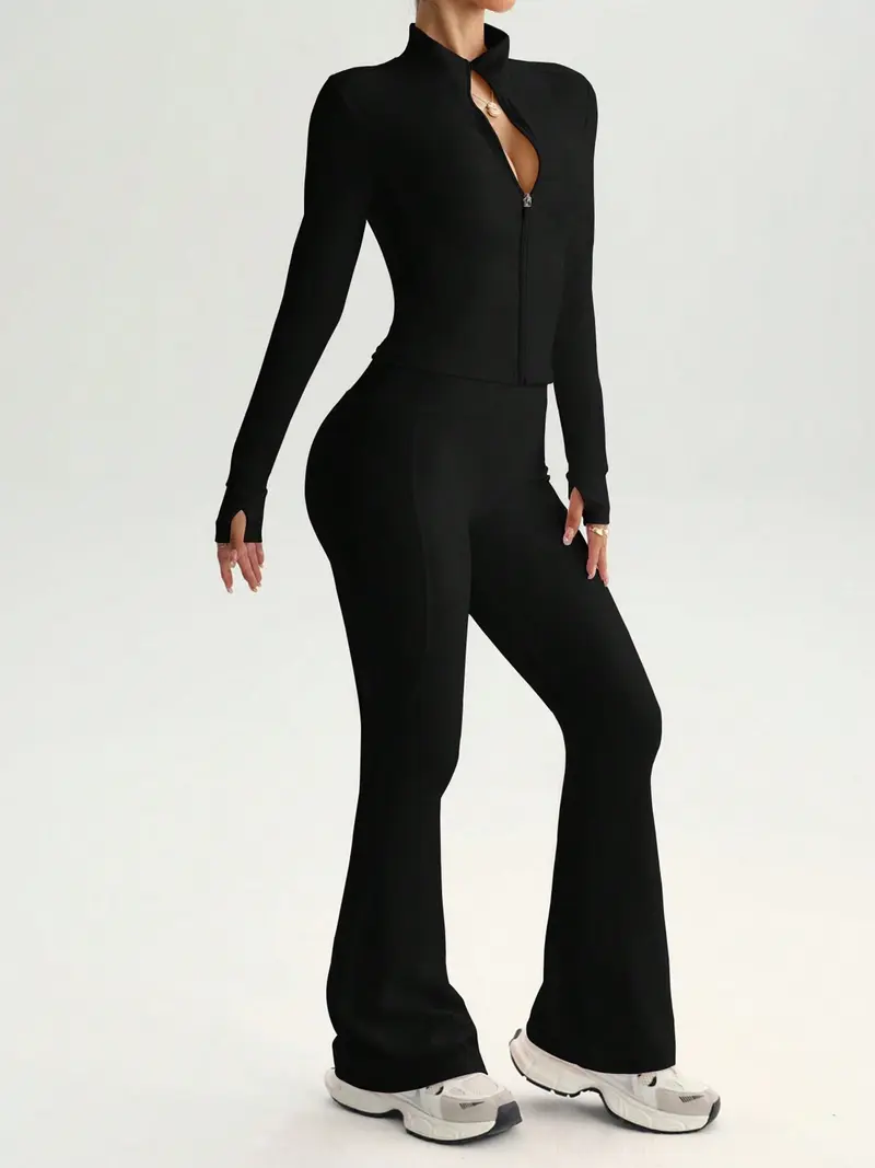 Women's 2-Piece Zip-Up Lounge Set | Long Sleeve Stand Collar Jacket + Flare Pants | Casual Outfit for Travel, Vacation & Everyday Wear