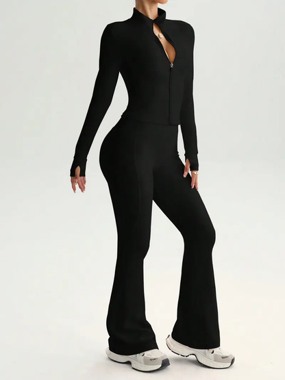 Women's 2-Piece Zip-Up Lounge Set | Long Sleeve Stand Collar Jacket + Flare Pants | Casual Outfit for Travel, Vacation & Everyday Wear