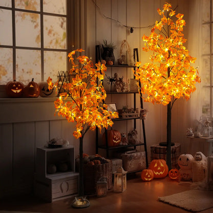 6FT LED Artificial Maple Tree, 160 Warm White Lights Fall Decor Tree with Orange Leaves, Knock-Down Lighted Maple Tree for Thanksgiving Halloween Indoor Outdoor Autumn Home Decor