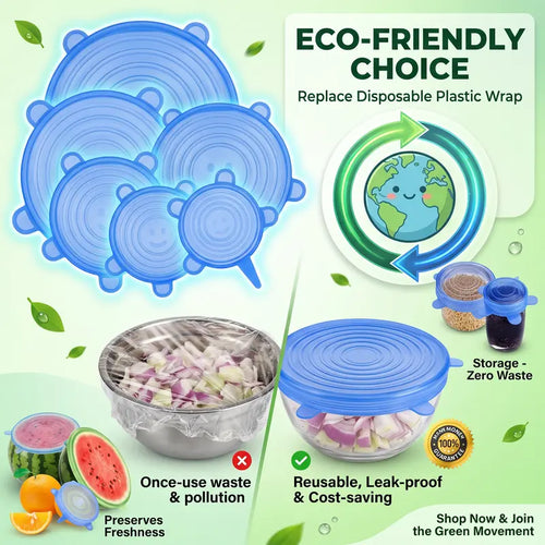 Universal Reusable Silicone Stretch Lids, 6-Pack Airtight Food Covers for Bowls, Cups, Jars & Containers