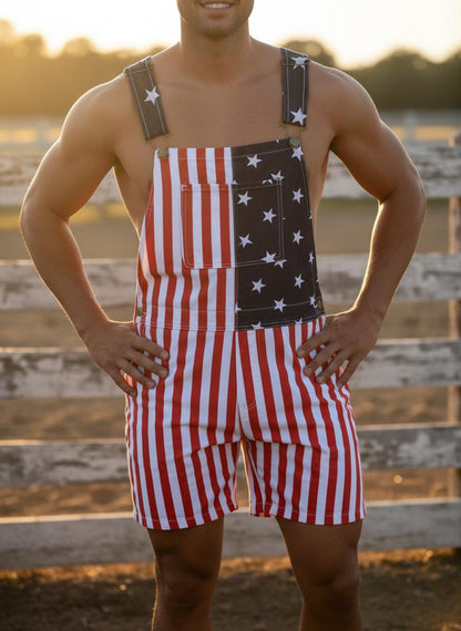 4th of July American Flag Overalls – Patriotic Stretch Denim Romper for Men & Women