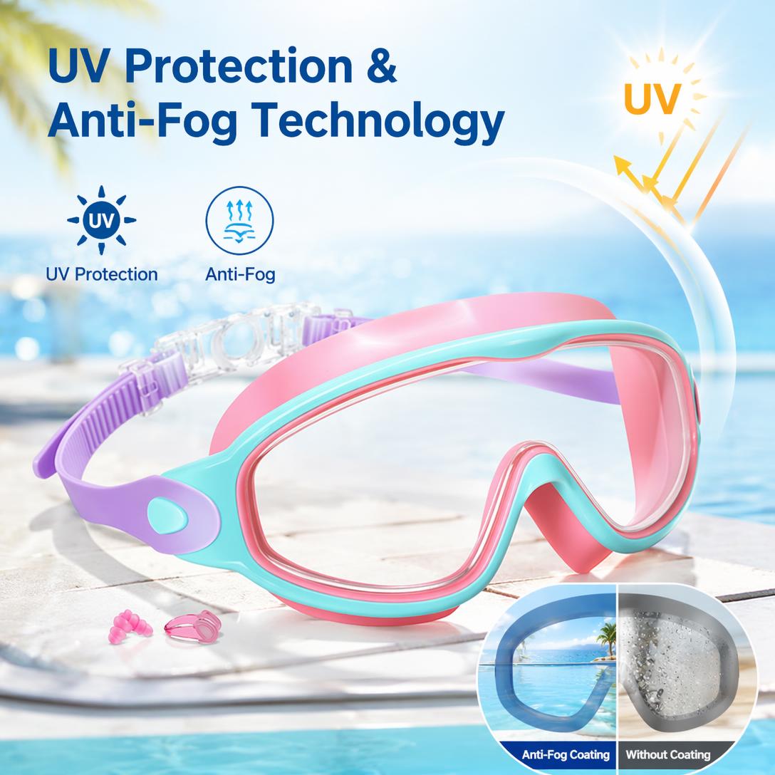 Kids Swim Goggles – Anti-Fog, UV Protection, Leakproof Swimming Goggles with Earplugs, Nose Clip & Protective Case