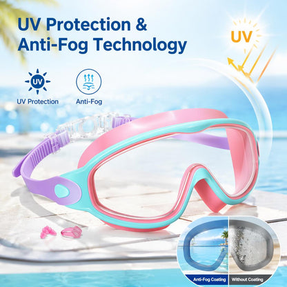 Kids Swim Goggles – Anti-Fog, UV Protection, Leakproof Swimming Goggles with Earplugs, Nose Clip & Protective Case