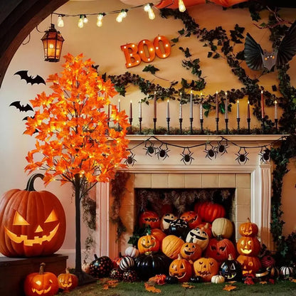 6FT LED Artificial Maple Tree, 160 Warm White Lights Fall Decor Tree with Orange Leaves, Knock-Down Lighted Maple Tree for Thanksgiving Halloween Indoor Outdoor Autumn Home Decor