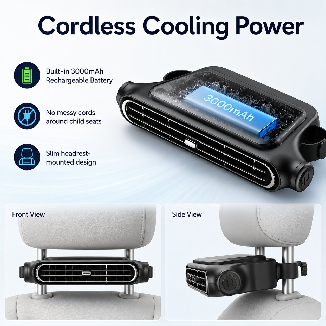 🚗 3000mAh Rechargeable Cordless Car Seat Cooling Fan with 3-Speeds