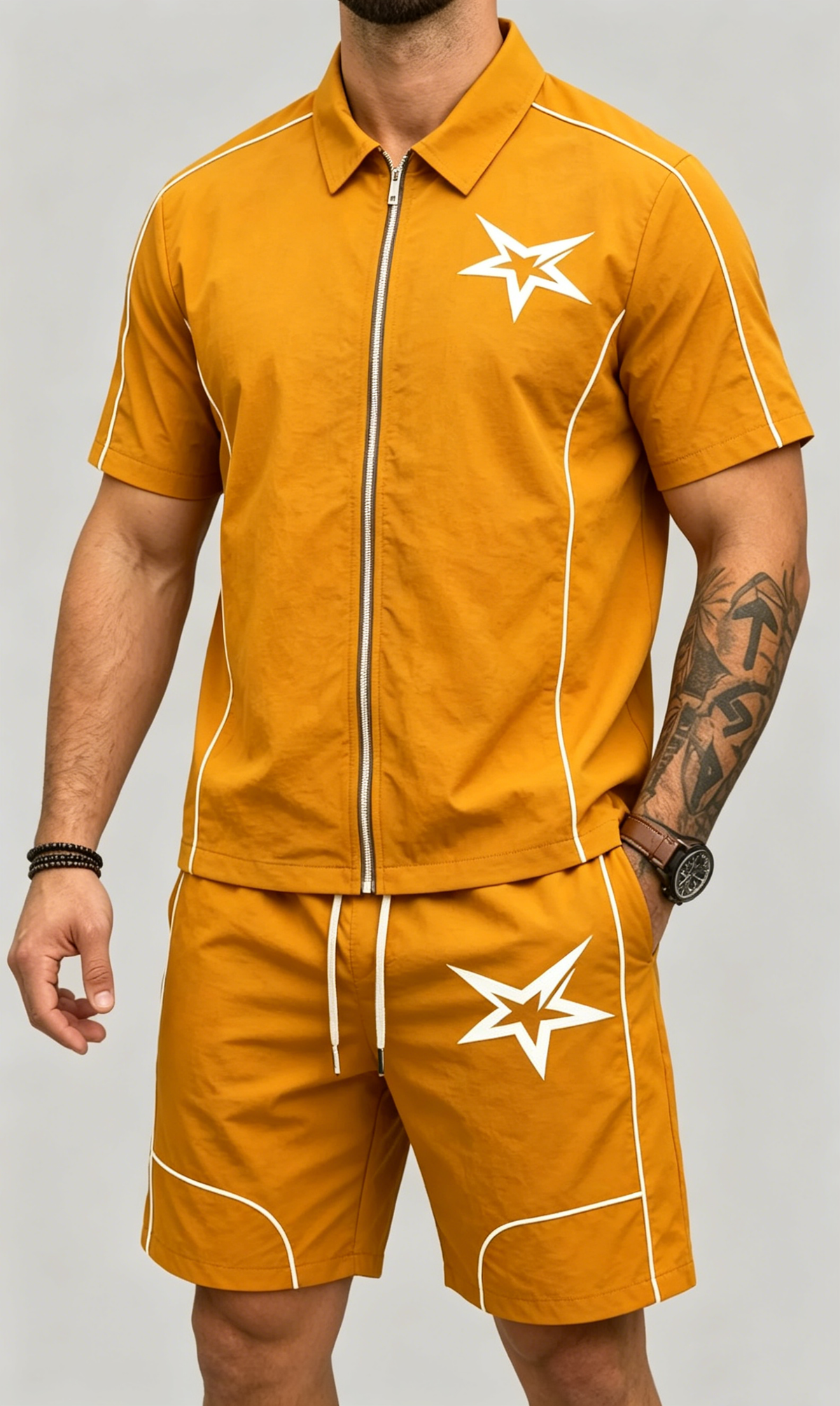 Men's 2 Pieces Outfits Casual Stars Pattern Shirt and Shorts Set Quarter-Zip Athletic
