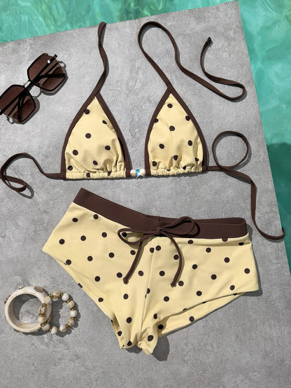 PEPPERMOLLY Women's 2-Piece Retro Yellow Polka Dot Bikini Set – Y2K Color Block Beachwear & Vacation Outfit