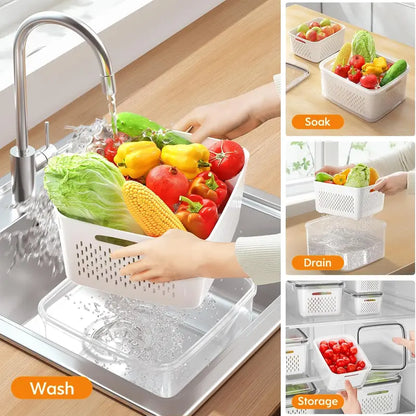 🥗 3PCS Stackable Fridge Produce Saver Containers with Removable Colander – Airtight Food Storage Boxes for Fruits, Vegetables & Meal Prep