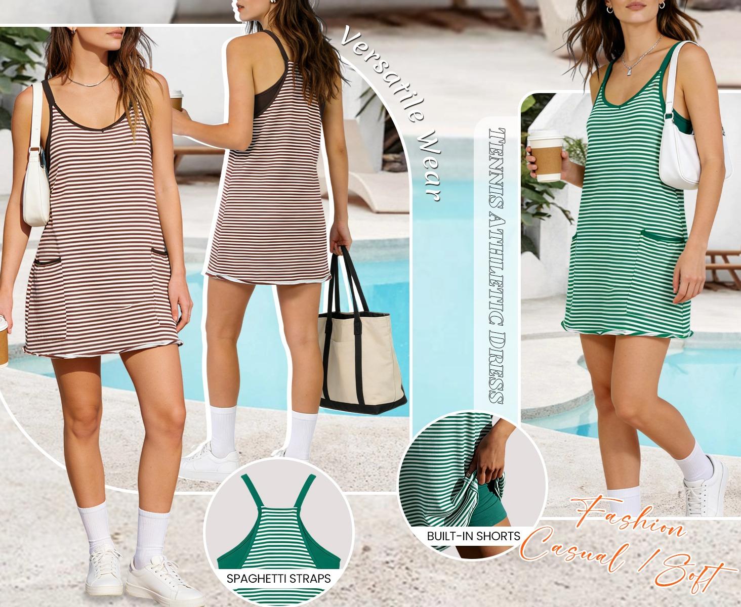 👗 Tanming Women's Summer Athletic Mini Dress – Sleeveless V-Neck Striped Tennis Dress with Built-In Shorts ☀️🎾