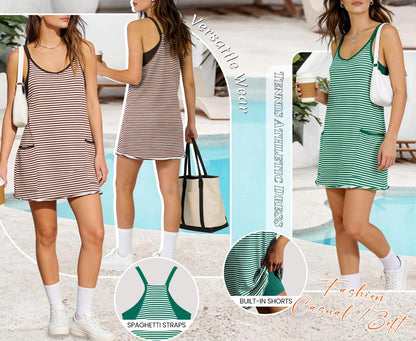 👗 Tanming Women's Summer Athletic Mini Dress – Sleeveless V-Neck Striped Tennis Dress with Built-In Shorts ☀️🎾