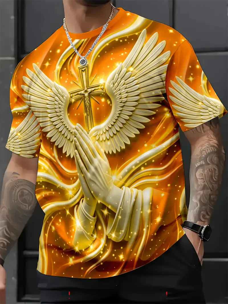 ⛪ Men's Angel Wings & Cross Print T-Shirt