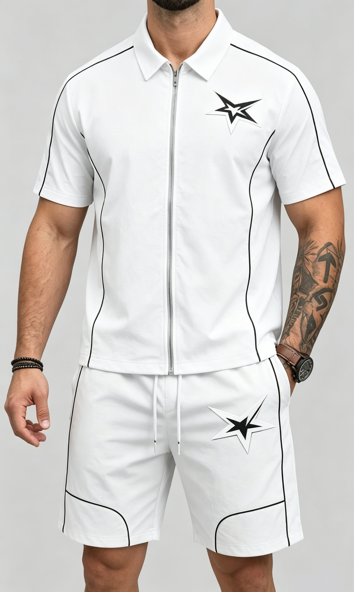 Men's 2 Pieces Outfits Casual Stars Pattern Shirt and Shorts Set Quarter-Zip Athletic