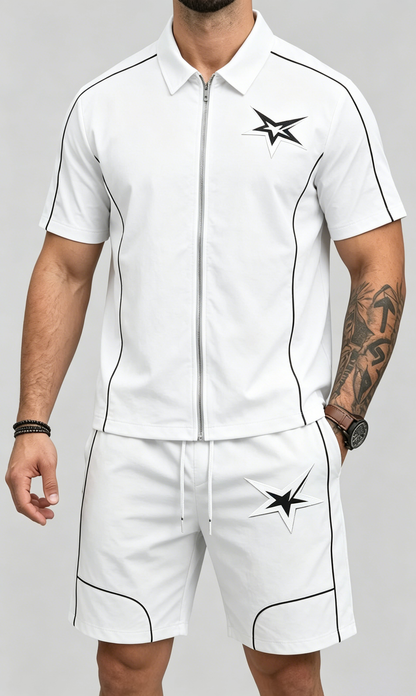 Men's 2 Pieces Outfits Casual Stars Pattern Shirt and Shorts Set Quarter-Zip Athletic