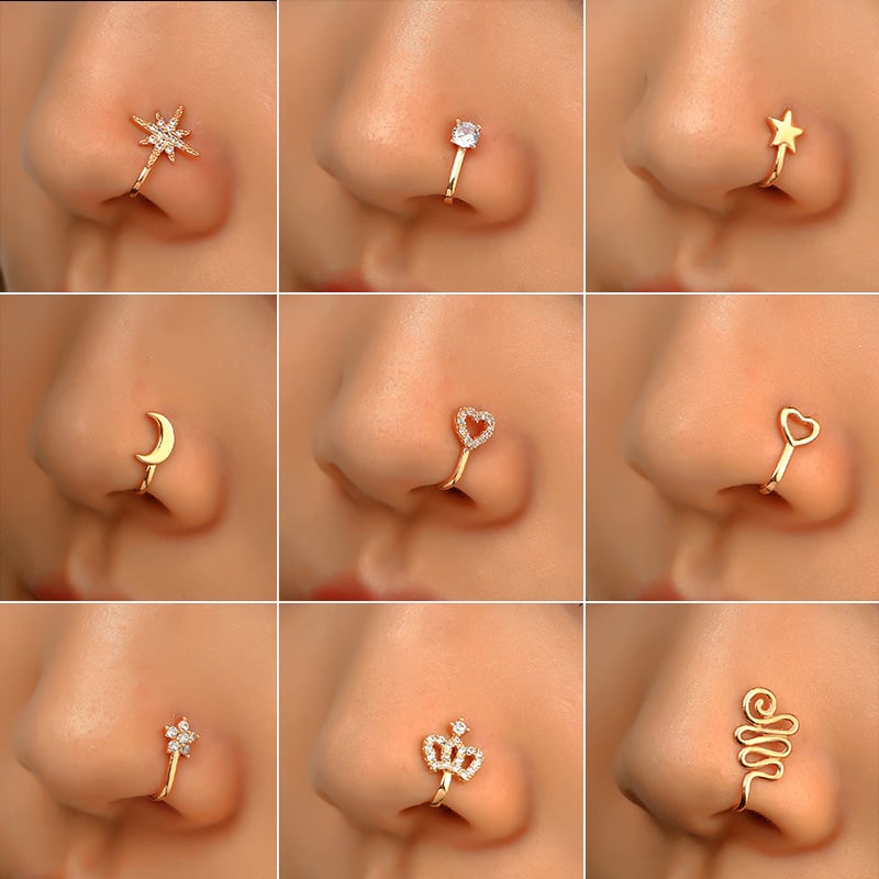 🔥2026 HOT SALE✨9pcs Nose Ring Jewelry Shape Nose Ring Copper Non Piercing Nose Rings