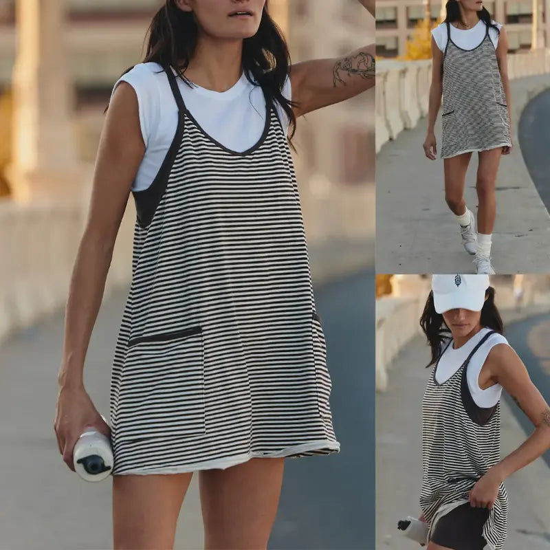 👗 Tanming Women's Summer Athletic Mini Dress – Sleeveless V-Neck Striped Tennis Dress with Built-In Shorts ☀️🎾