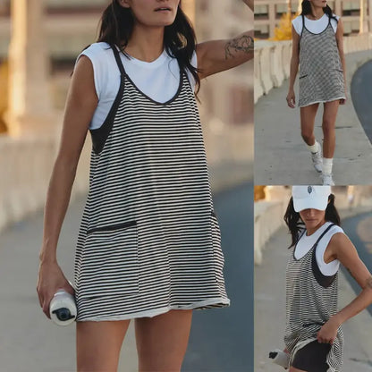 👗 Tanming Women's Summer Athletic Mini Dress – Sleeveless V-Neck Striped Tennis Dress with Built-In Shorts ☀️🎾