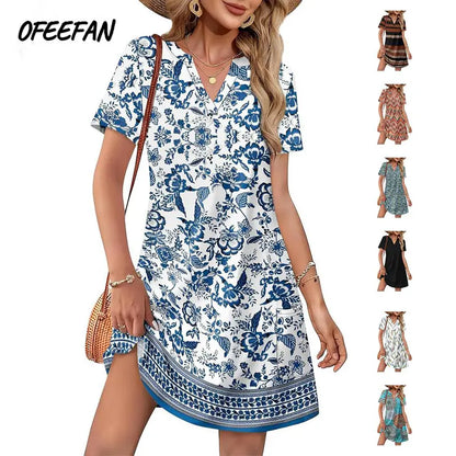 2026 Fashion Edition OFEEFAN Summer Dress – Women's Casual V-Neck Short Sleeve Beach & Vacation Dress
